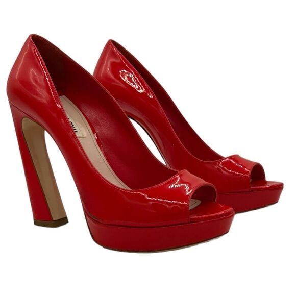Miu Miu Shoes - MIU MIU RED PUMPS PATENT LEATHER PEEP TOE BLOCK HIGH HEEL SHOES WOMEN EU 38.5